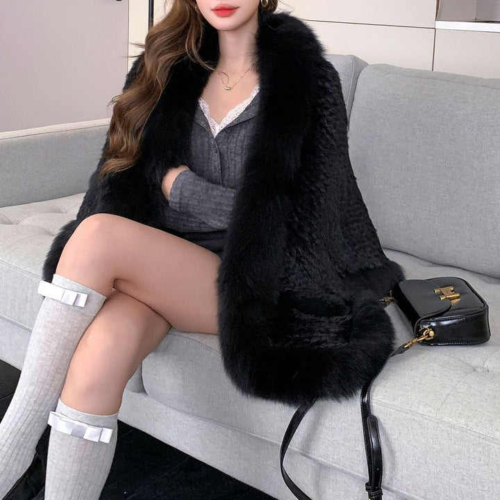 Women's Real Mink Fur Knitted Shawl Wrap with Pockets Fluffy Fox Fur Trimmed Cape