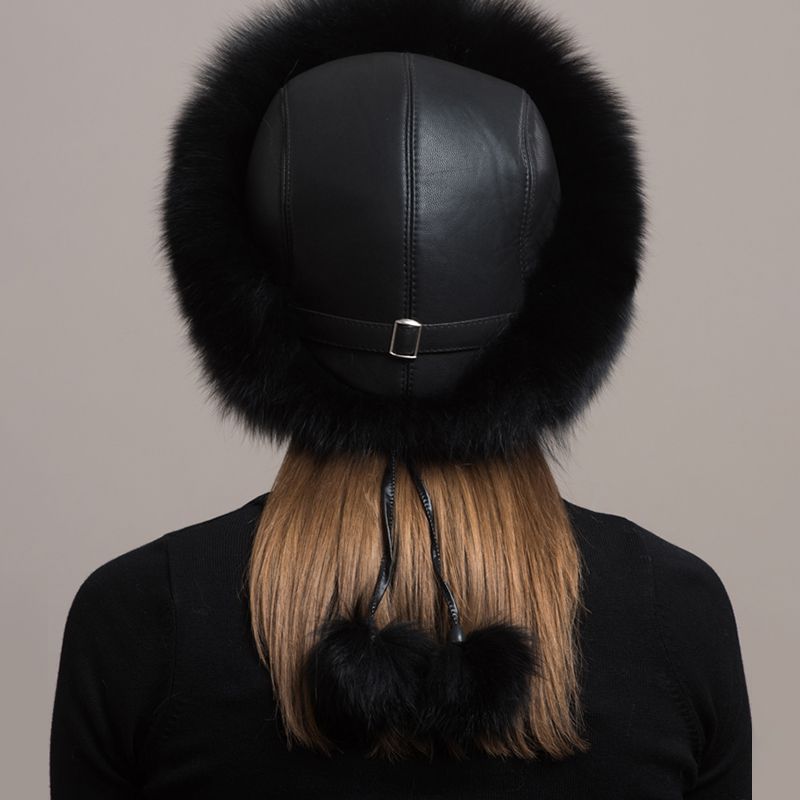 Women's Winter Fox Fur Roller Hat Sheepskin Pom Pom Fur Round Hat