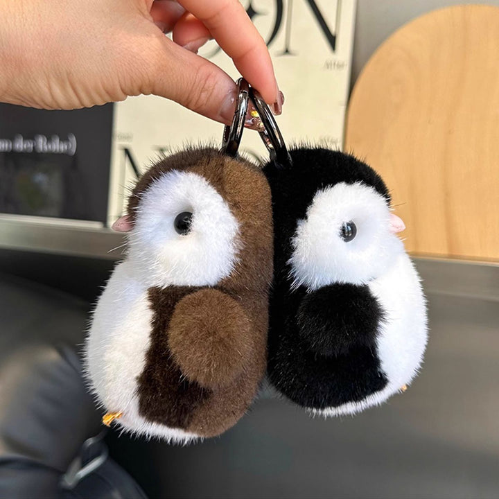 Luxury Real Mink Fur Penguin Keychain Premium Fluffy Animal Bag Charm Car Key Ring Accessory