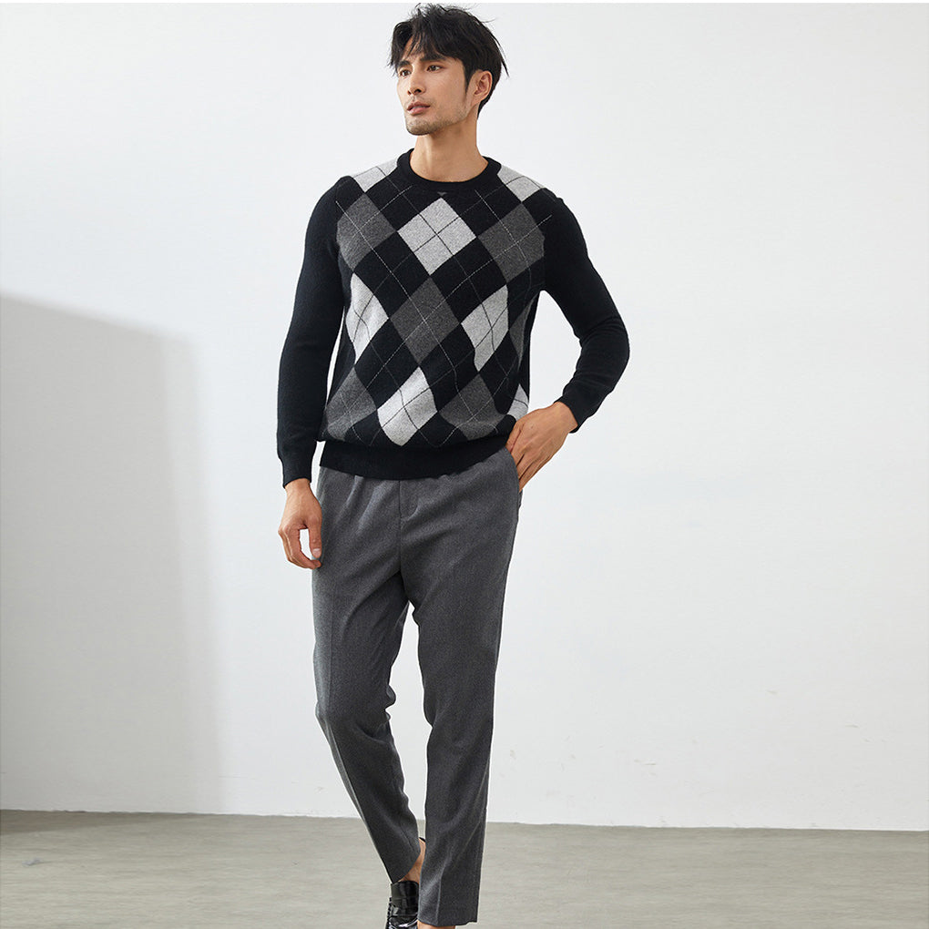 Men's Classic Argyle Knit 100% Cashmere Crewneck Pullover Sweater