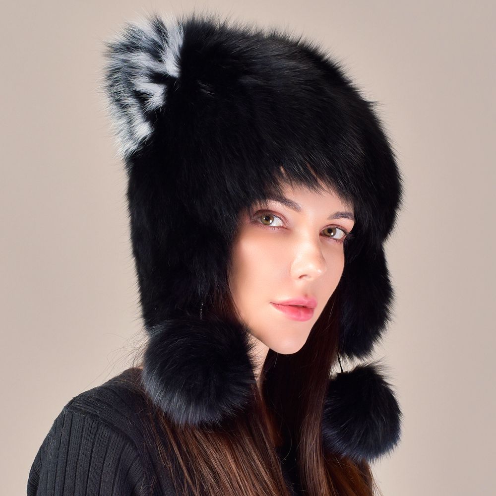 Cute Fox Ear Pom-Pom Fur Trapper Hat Luxury Winter Warm Snow Fur Hat for Cold Weather