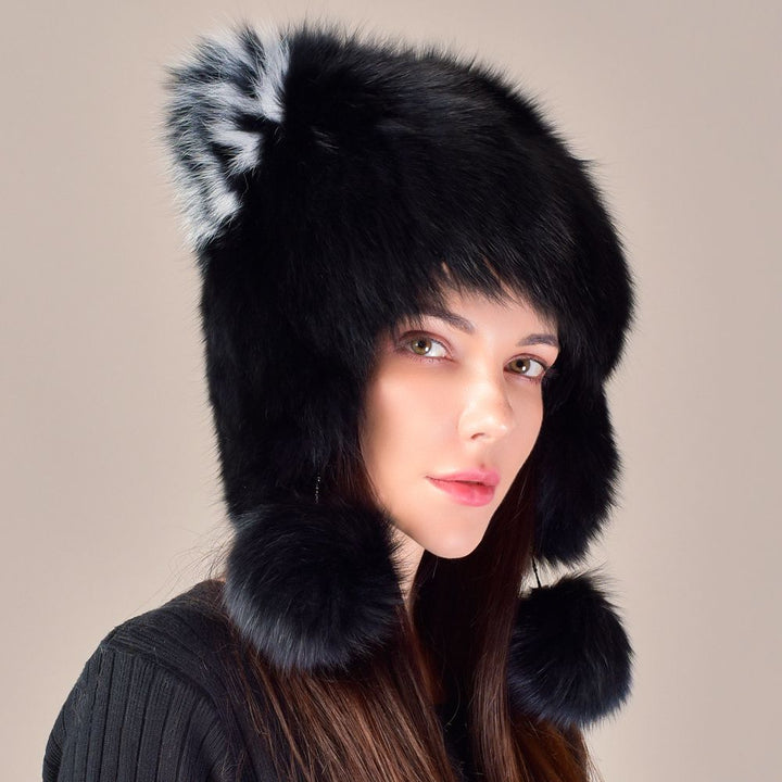 Cute Fox Ear Pom-Pom Fur Trapper Hat Luxury Winter Warm Snow Fur Hat for Cold Weather
