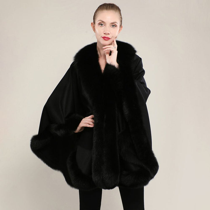 Women’s Oversized Cashmere Poncho Cape with Real Fox Fur Trim