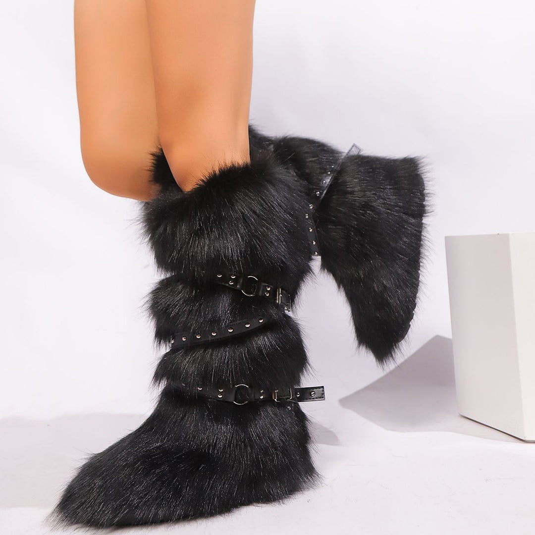 Womens Faux Fur Boot Winter Fluffy Long Furry Boots for Girls Outdoor Fuzzy Knee-High Sexy Snow Boots with Cross Straps and Buckle