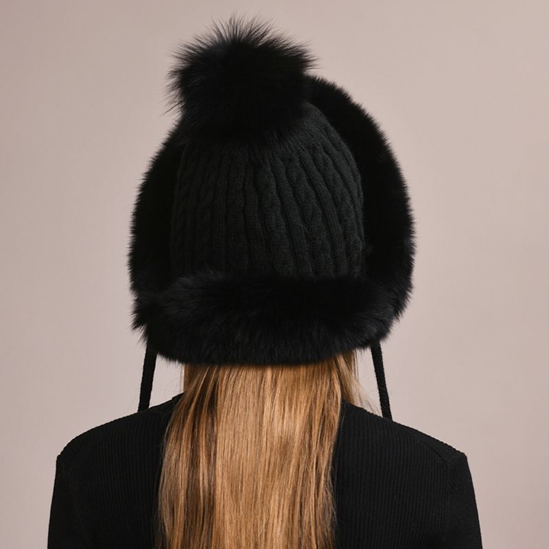 Luxury Real Fox Fur Pom Pom Hat Women Winter Knitted Trapper Hat with Full Fur Trim