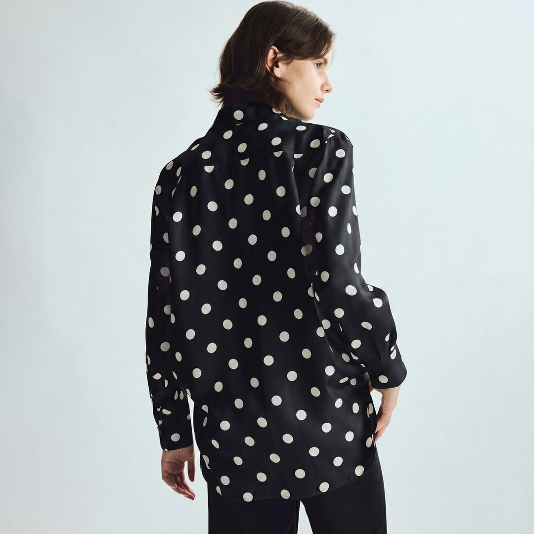 Women’s Polka Dots Printed Long Sleeve Button-Down Mulberry Silk Blouse Shirt