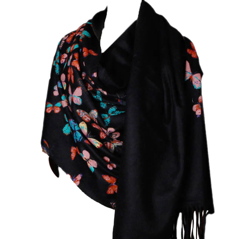 Women's 100% Cashmere Shawl Scarf with Colorful Butterfly Print and Fringes
