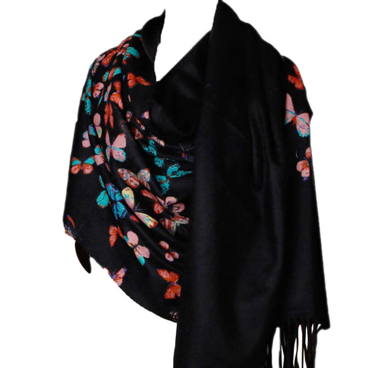 Women's 100% Cashmere Shawl Scarf with Colorful Butterfly Print and Fringes