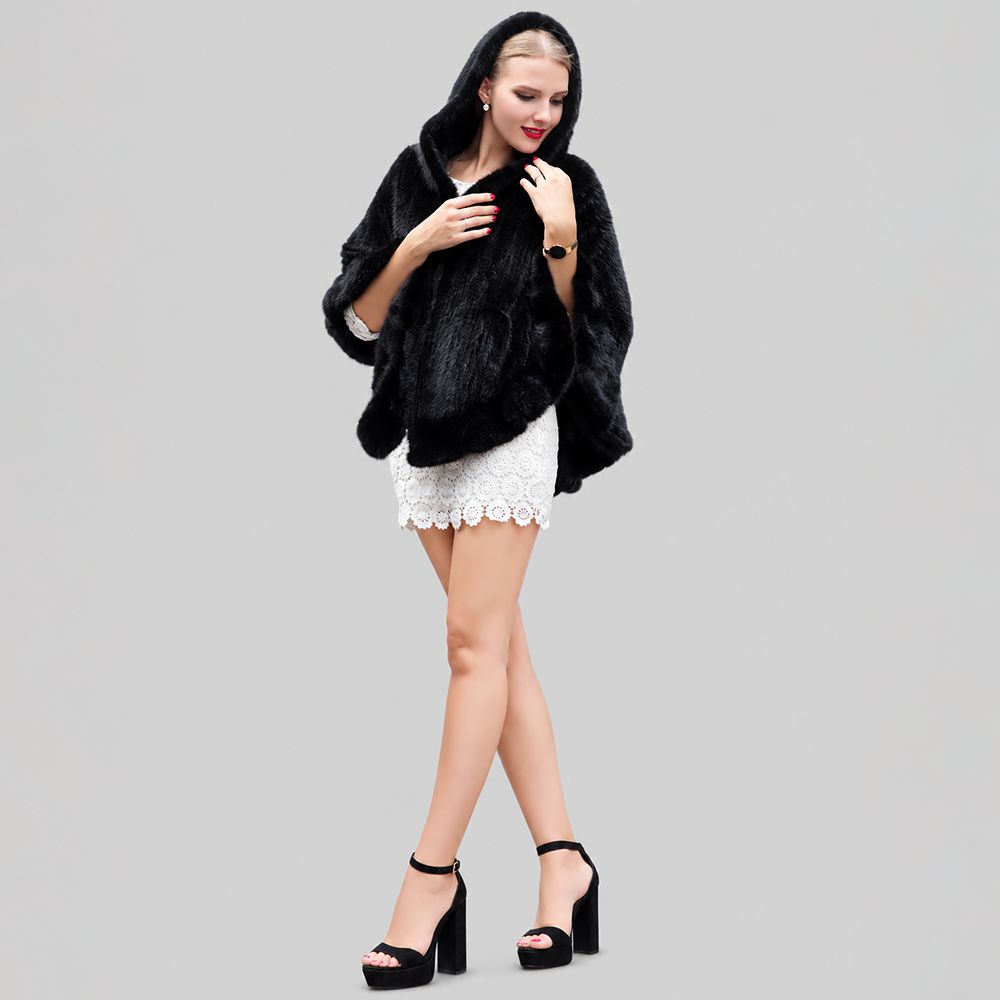 Genuine Mink Fur Zip Front Poncho with Hood Oversized Fur Cape Shawl Wrap