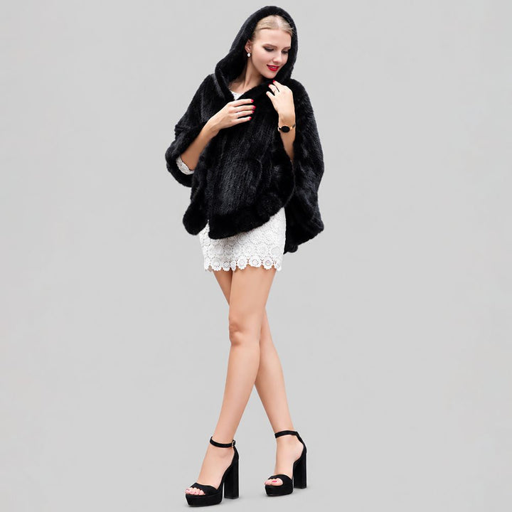 Genuine Mink Fur Zip Front Poncho with Hood Oversized Fur Cape Shawl Wrap