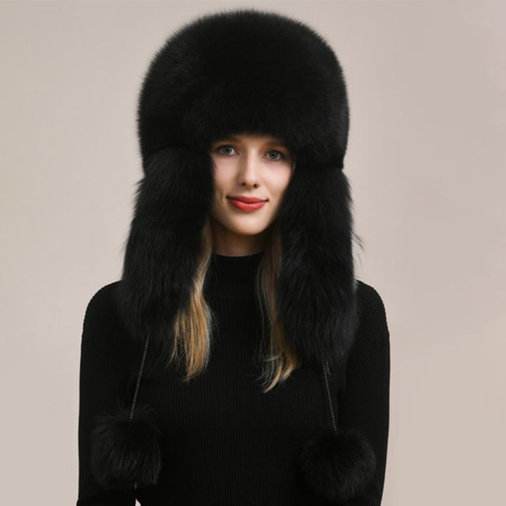 Luxury Oversized Two-Tone Real Fox Fur Pom Pom Hat Women Winter Warm Ushanka