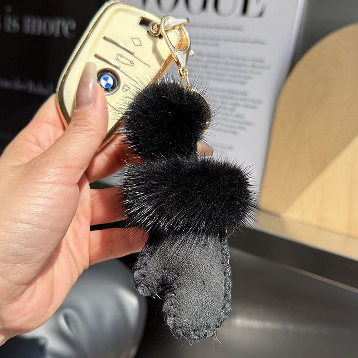 Real Mink Fur Glove & Boot Keychain Fluffy Pom Pom Bag Charm