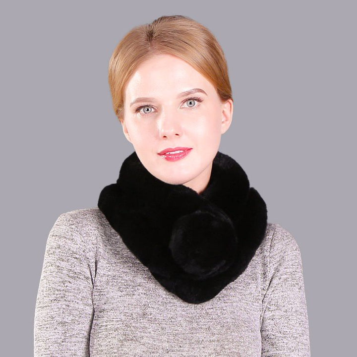 Luxury Real Rabbit Fur Collar Scarf with Pom-Pom Soft Winter Neck Warmer