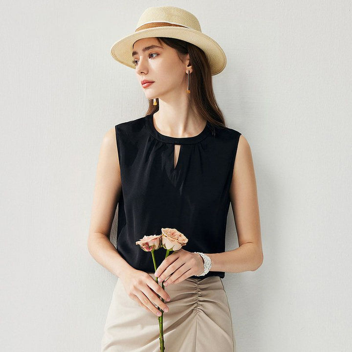Round Keyhole Neck Sleeveless Mulberry Silk Tank Top for Women