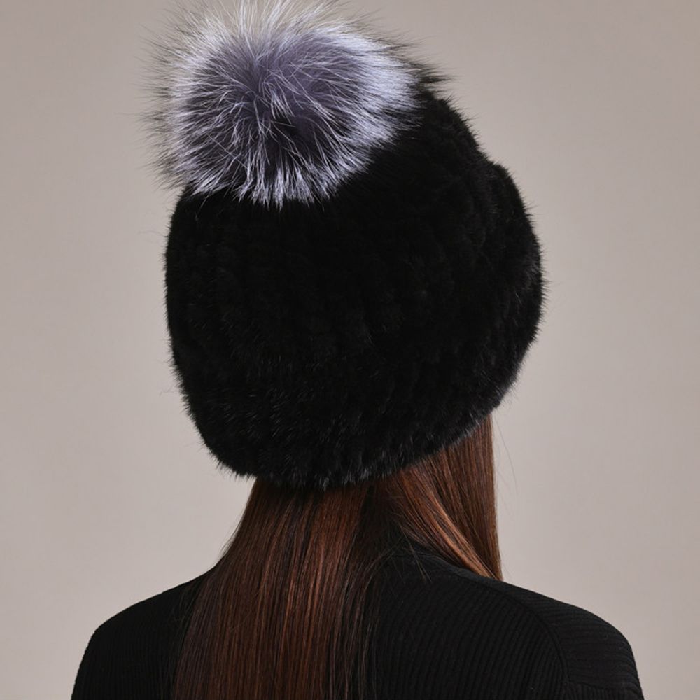 Luxury Real Mink Fur Beanie Hat with Fox Fur Pom-Pom Elegant Winter Knitted Hat for Women