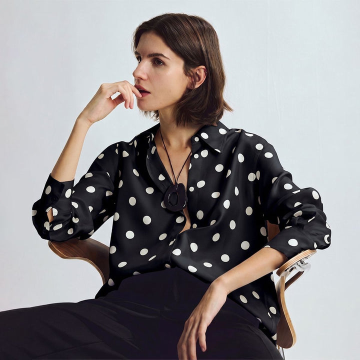 Women’s Polka Dots Printed Long Sleeve Button-Down Mulberry Silk Blouse Shirt