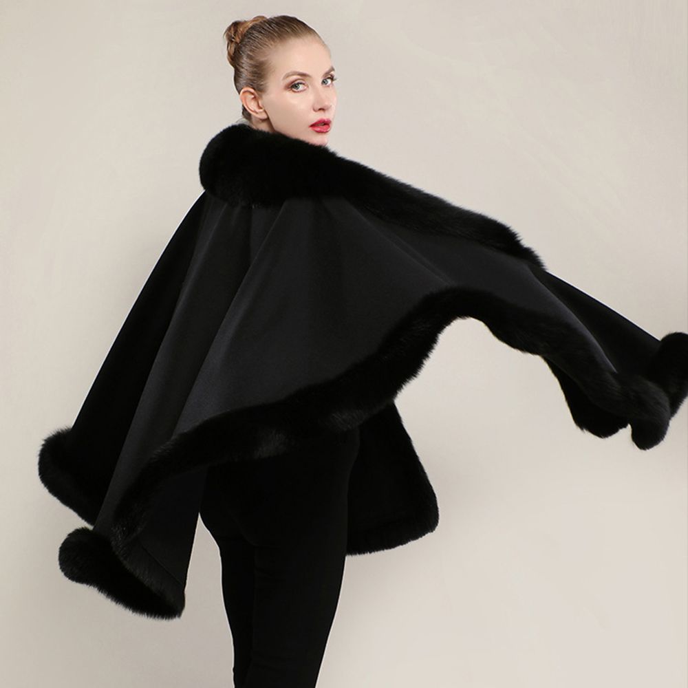 Women’s Oversized Cashmere Poncho Cape with Real Fox Fur Trim