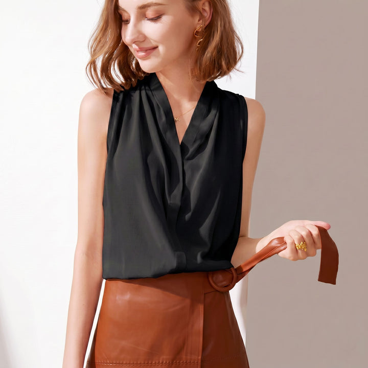 Women’s Sleeveless Draped V-Neck Mulberry Silk Blouse Top
