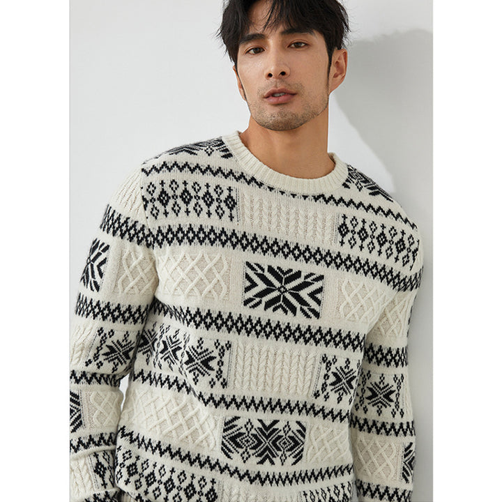 Men's Fair Isle Knit 100% Cashmere Sweater Black & White Patterned Crewneck Pullover