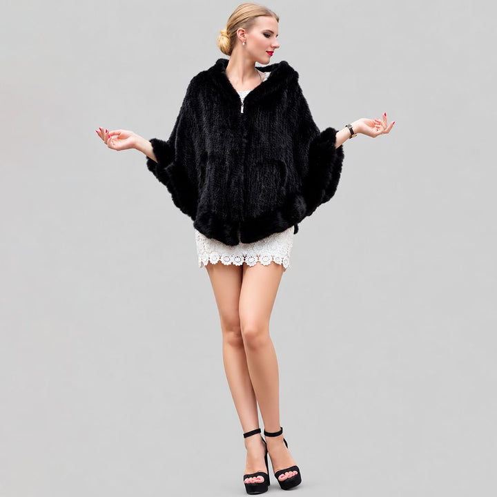 Genuine Mink Fur Zip Front Poncho with Hood Oversized Fur Cape Shawl Wrap