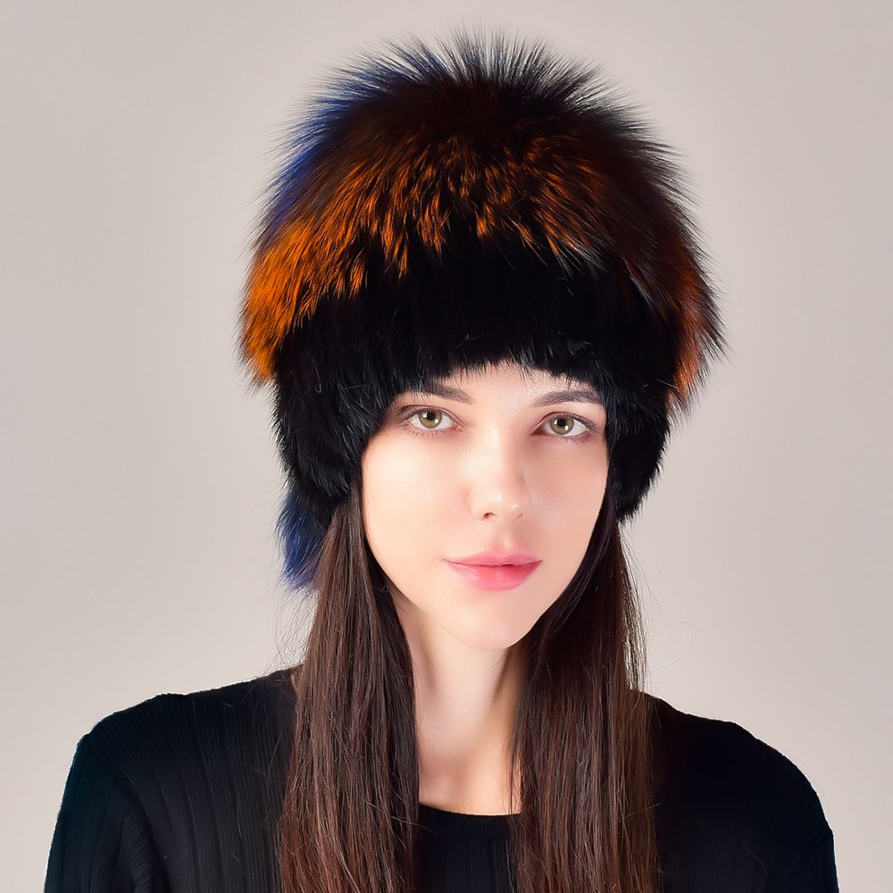 Mink Fur Knitted Winter Hat for Women with Multi-Colored Fluffy Fox Fur Crown and Pom-Poms