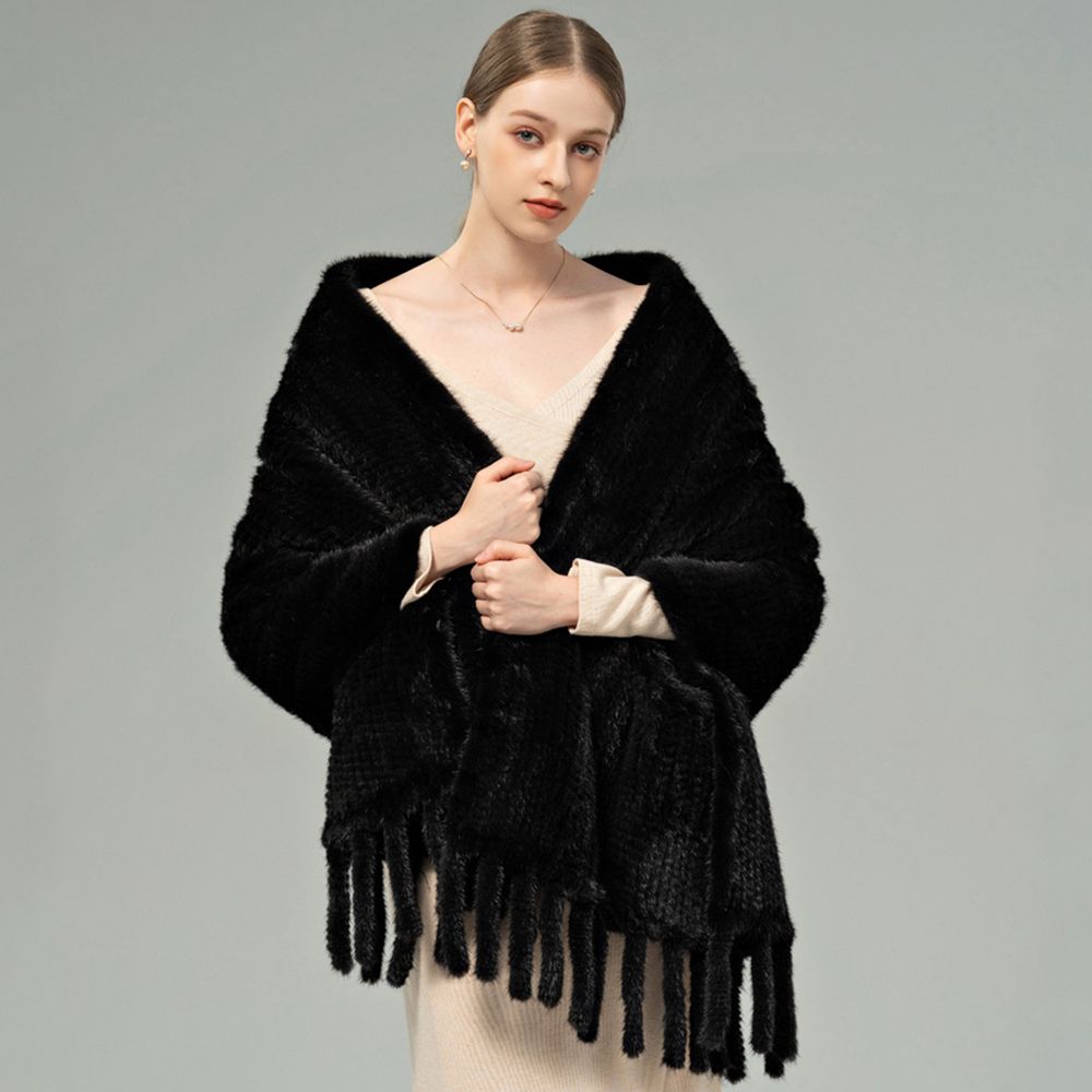 Genuine Mink Fur Shawl Wrap Elegant Fur Stole Cape Scarf with Fringe