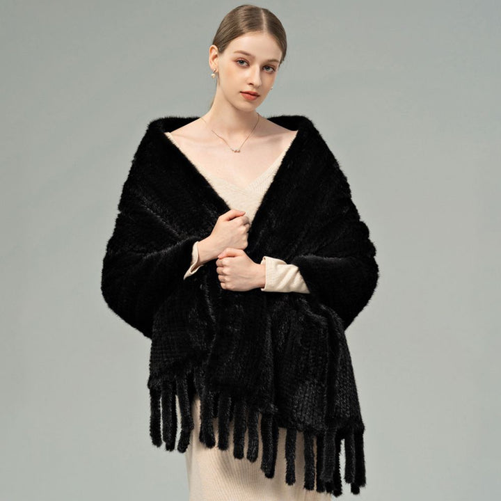 Genuine Mink Fur Shawl Wrap Elegant Fur Stole Cape Scarf with Fringe