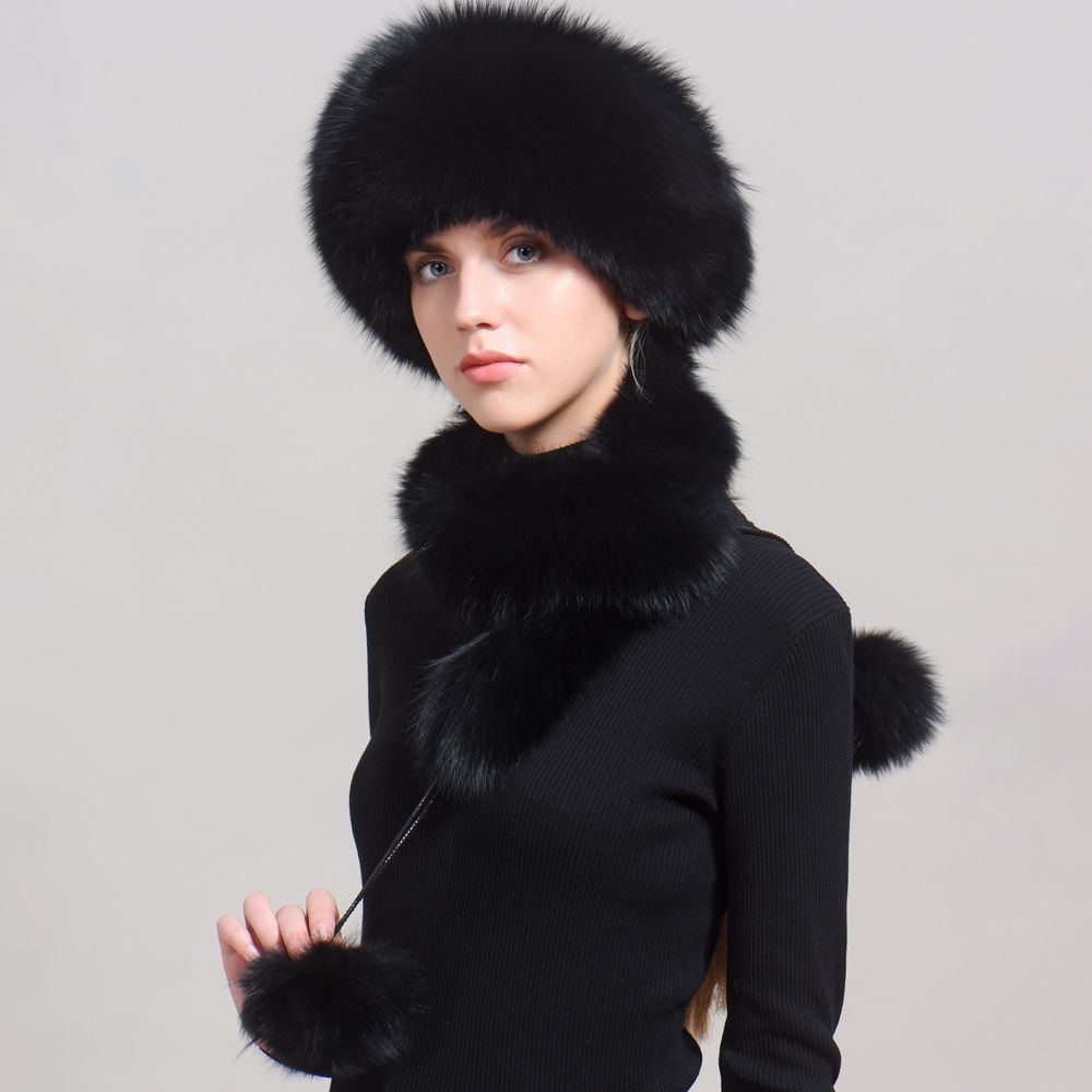 Luxury Winter Fox Fur Trapper Hat Women Pom Pom Fur Ushanka with Tail Scarf