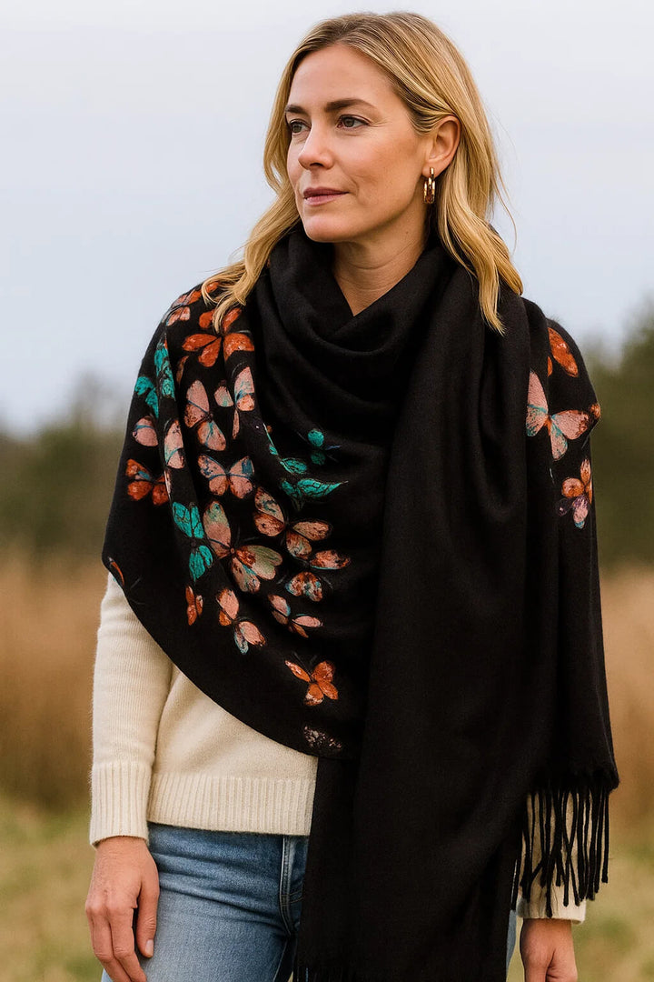 Butterfly Print 100% Cashmere Wrap Scarf with Fringe