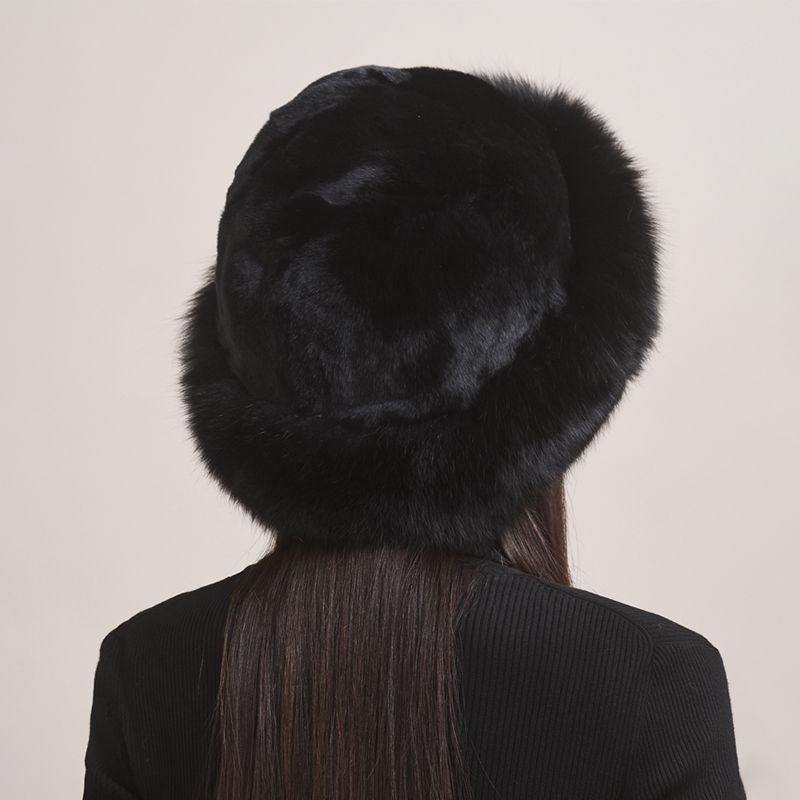 Rabbit Fur Hat with Full Fox Fur Brim Soft Winter Cold Wheather Bucket Hat for Women