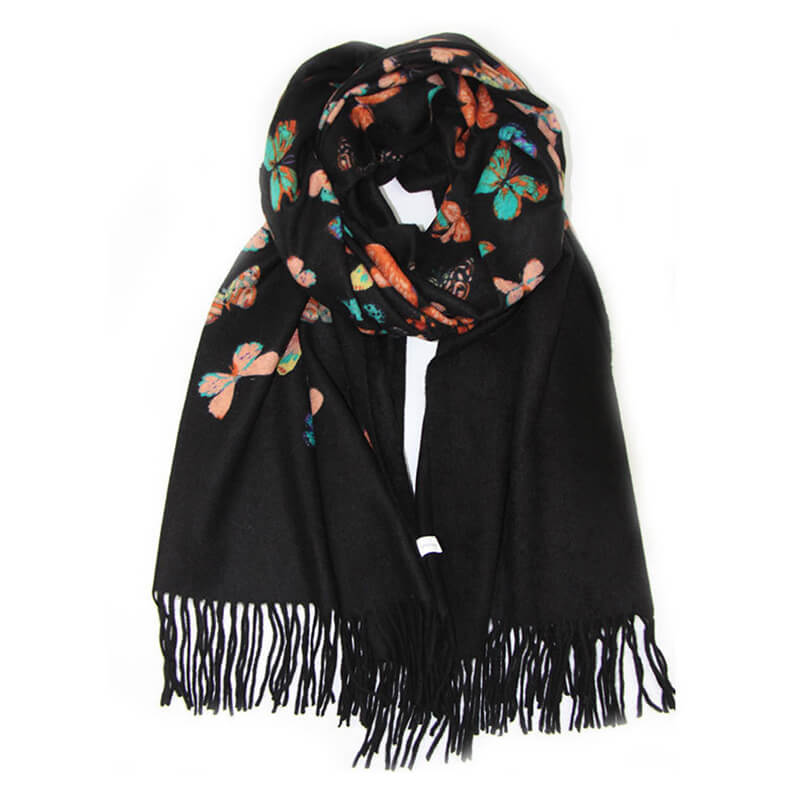 Women's 100% Cashmere Shawl Scarf with Colorful Butterfly Print and Fringes