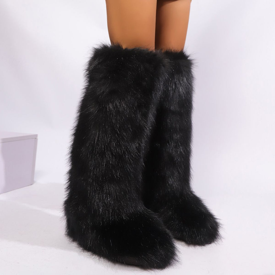 Womens Faux Fur Boot Winter Fluffy Long Furry Boots for Girls Outdoor Fuzzy Knee-High Boots
