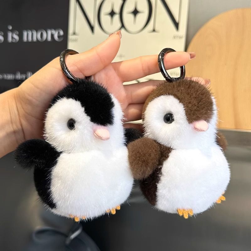 Luxury Real Mink Fur Penguin Keychain Premium Fluffy Animal Bag Charm Car Key Ring Accessory