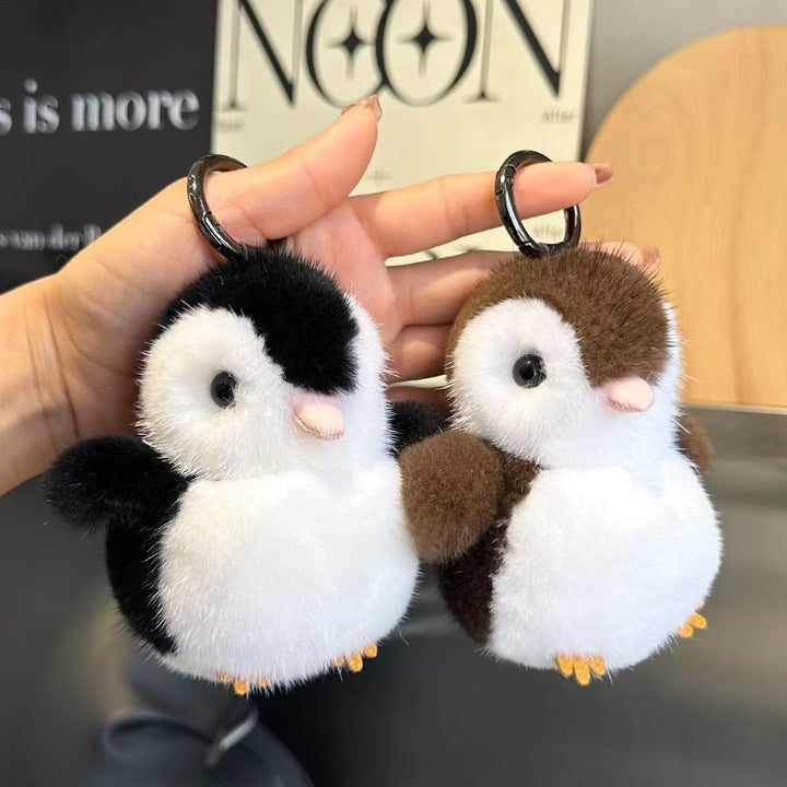 Luxury Real Mink Fur Penguin Keychain Premium Fluffy Animal Bag Charm Car Key Ring Accessory