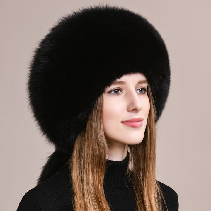 Soft Real Fox Fur Hat with Elegant Tails Women's Winter Fashion Cozy Full-Pelt Fur Beanie for Cold Weather