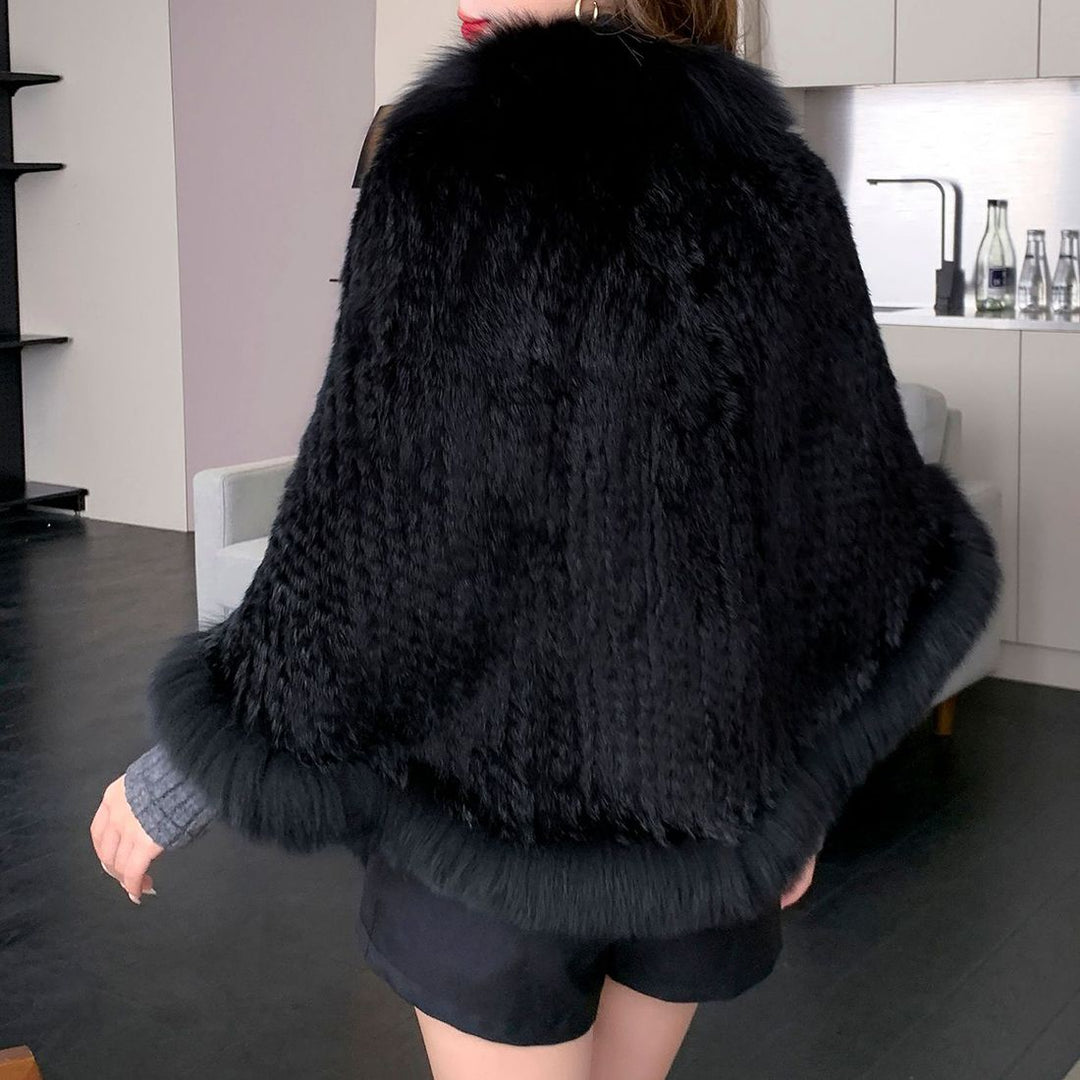 Women's Real Mink Fur Knitted Shawl Wrap with Pockets Fluffy Fox Fur Trimmed Cape