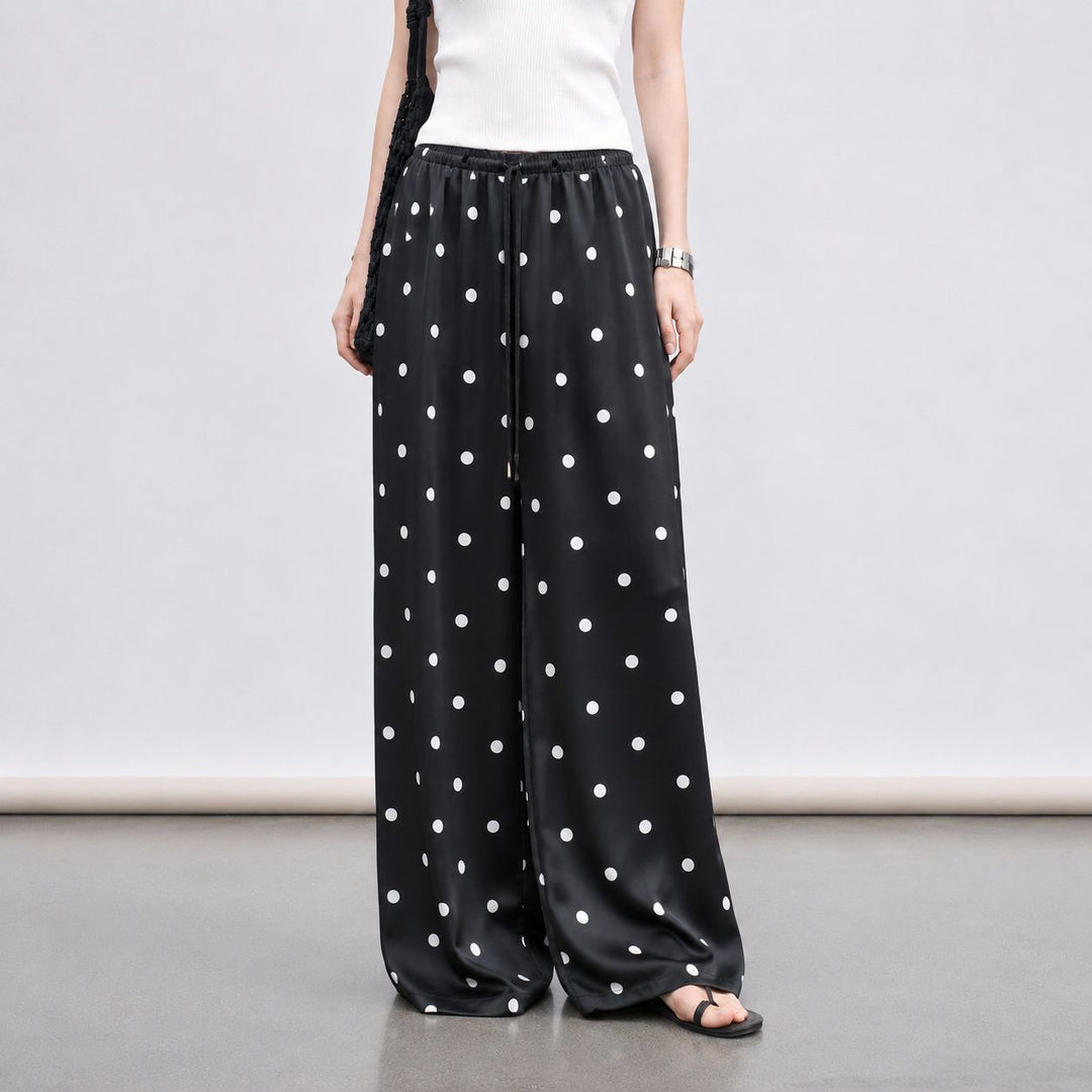 Polka-Dot Print Washable Mulberry Silk Wide-Leg Pants For Women