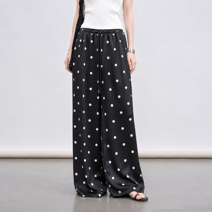 Polka-Dot Print Washable Mulberry Silk Wide-Leg Pants For Women