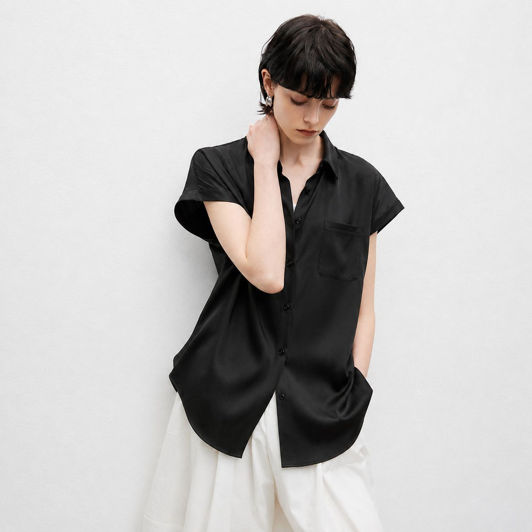 Relaxed Fit Luxury Mulberry Silk Cap Sleeve Shirt Blouse For Women