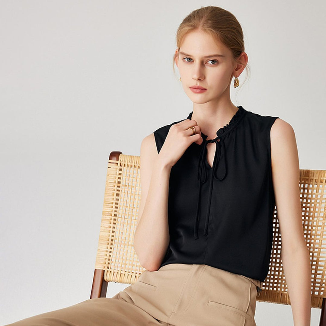 22 Momme Women’s Stand Collar Sleeveless Tie-Neck Silk Shirt