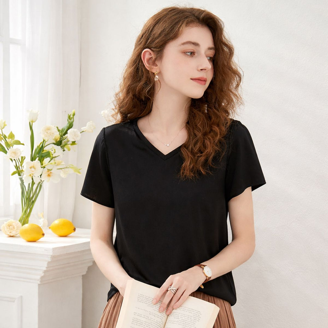 22 Momme Basic V-Neck Pure Mulberry Silk Short Sleeve T-Shirt