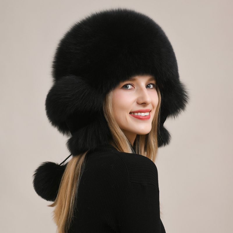 Luxury Oversized Two-Tone Real Fox Fur Pom Pom Hat Women Winter Warm Ushanka