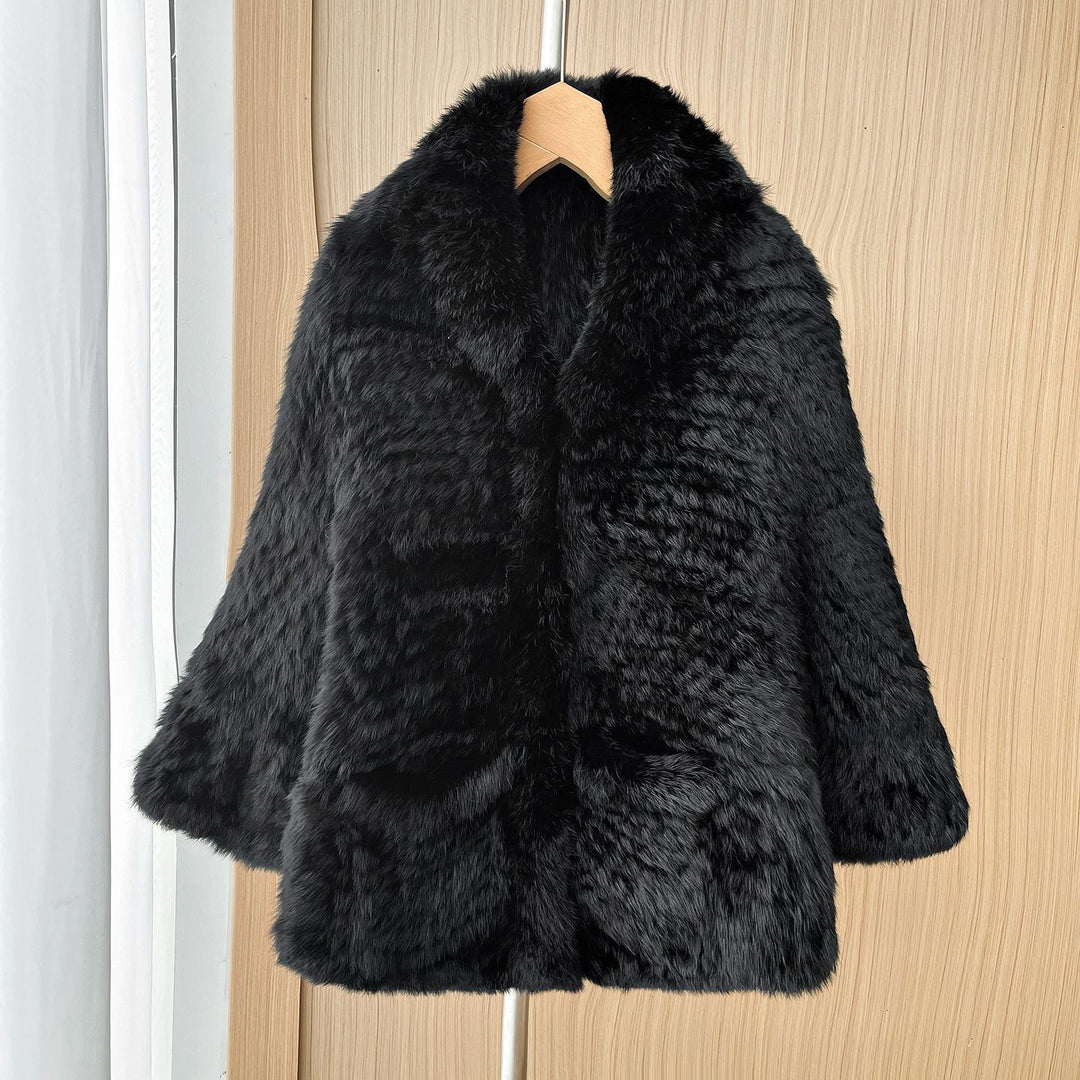 Rabbit Fur Knitted Shawl Wrap with Pockets Affordable Fur Coat