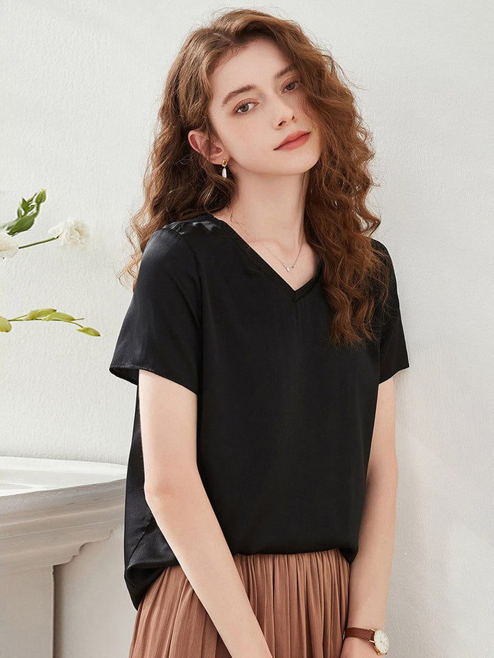 22 Momme Basic V-Neck Pure Mulberry Silk Short Sleeve T-Shirt