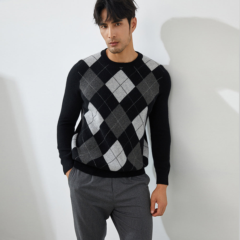 Men's Classic Argyle Knit 100% Cashmere Crewneck Pullover Sweater