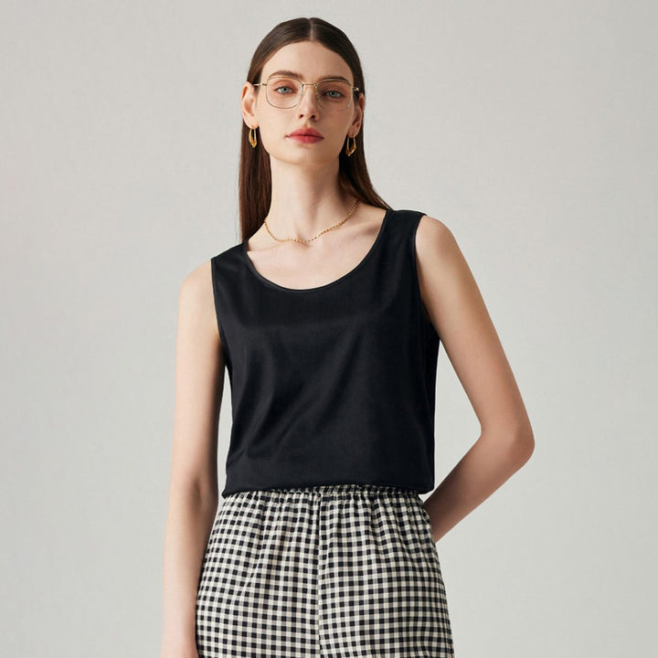 Pure Mulberry Silk Tank Top with Sheer Patchwork Hem Elegant Sleeveless Silk Shell Blouse