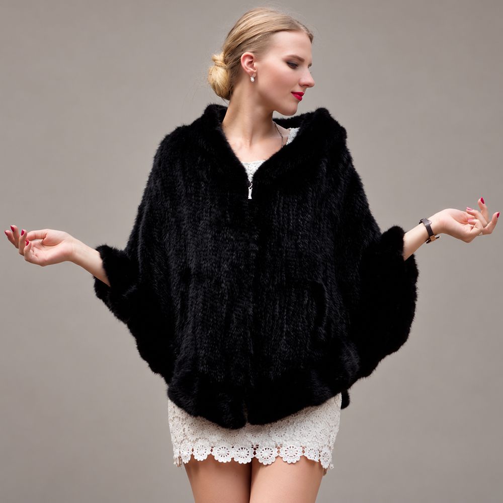 Genuine Mink Fur Zip Front Poncho with Hood Oversized Fur Cape Shawl Wrap