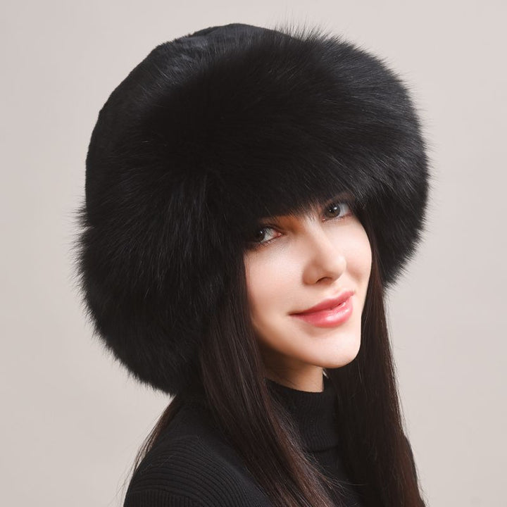 Rabbit Fur Hat with Full Fox Fur Brim Soft Winter Cold Wheather Bucket Hat for Women
