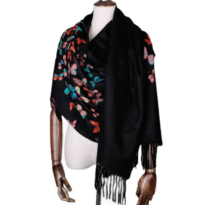 Women's 100% Cashmere Shawl Scarf with Colorful Butterfly Print and Fringes