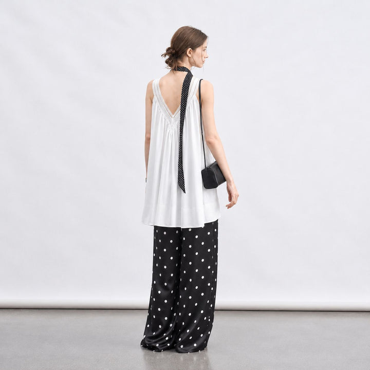 Polka-Dot Print Washable Mulberry Silk Wide-Leg Pants For Women